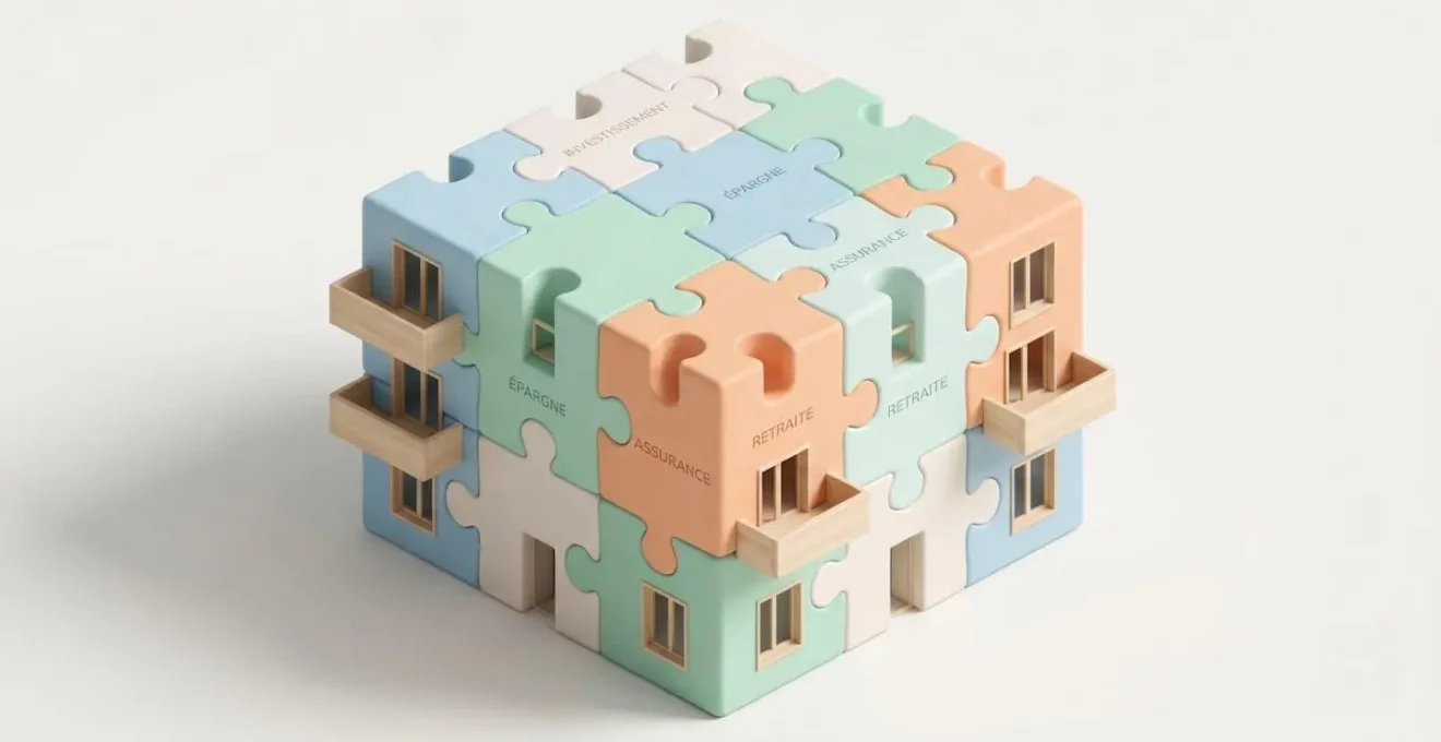 Illustration 3D isométrique d'un immeuble résidentiel moderne assemblé avec des pièces de puzzle géantes de couleurs pastel emboîtées, symbolisant les dispositifs financiers cumulables pour l'achat immobilier en zone tendue
