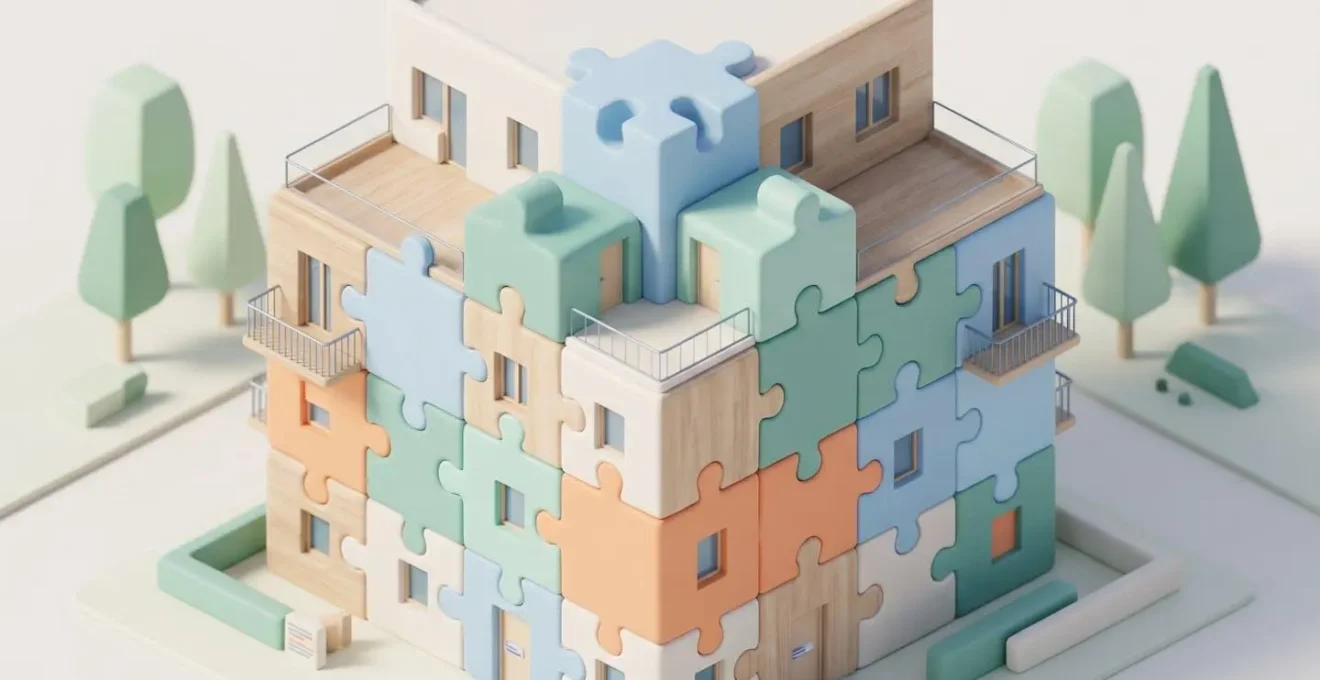 Illustration 3D isométrique d'un immeuble résidentiel moderne assemblé avec des pièces de puzzle géantes de couleurs pastel emboîtées, symbolisant les dispositifs financiers cumulables pour l'achat immobilier en zone tendue