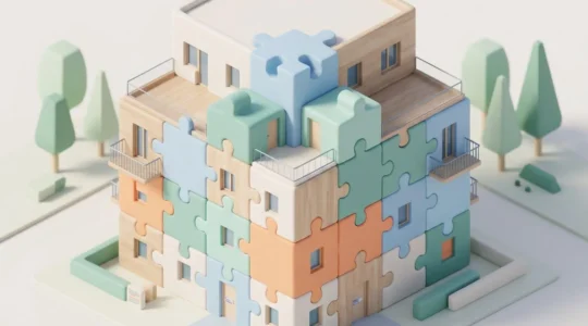 Illustration 3D isométrique d'un immeuble résidentiel moderne assemblé avec des pièces de puzzle géantes de couleurs pastel emboîtées, symbolisant les dispositifs financiers cumulables pour l'achat immobilier en zone tendue