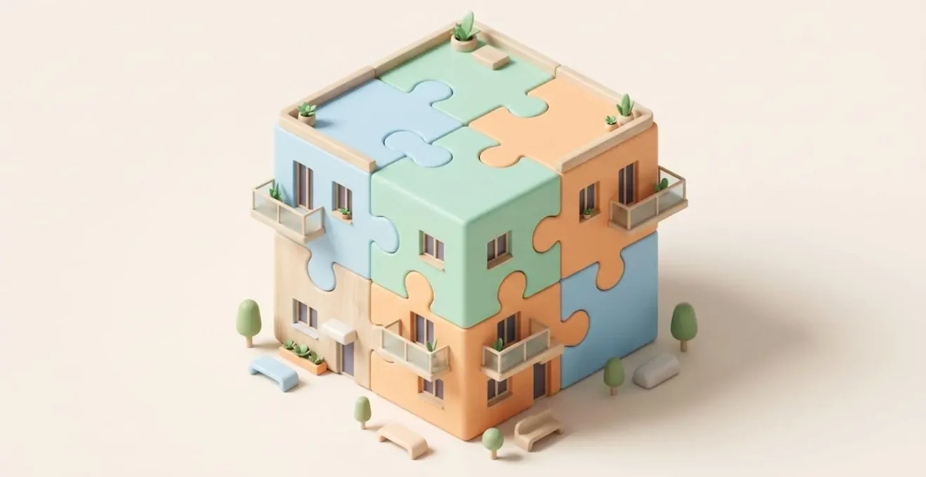 Illustration 3D isométrique d'un immeuble résidentiel moderne assemblé avec des pièces de puzzle géantes de couleurs pastel emboîtées, symbolisant les dispositifs financiers cumulables pour l'achat immobilier en zone tendue