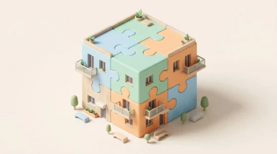 Illustration 3D isométrique d'un immeuble résidentiel moderne assemblé avec des pièces de puzzle géantes de couleurs pastel emboîtées, symbolisant les dispositifs financiers cumulables pour l'achat immobilier en zone tendue