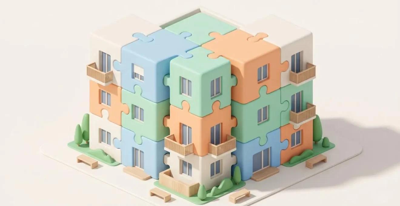 Illustration 3D isométrique d'un immeuble résidentiel moderne assemblé avec des pièces de puzzle géantes de couleurs pastel emboîtées, symbolisant les dispositifs financiers cumulables pour l'achat immobilier en zone tendue