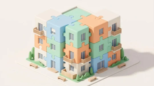 Illustration 3D isométrique d'un immeuble résidentiel moderne assemblé avec des pièces de puzzle géantes de couleurs pastel emboîtées, symbolisant les dispositifs financiers cumulables pour l'achat immobilier en zone tendue