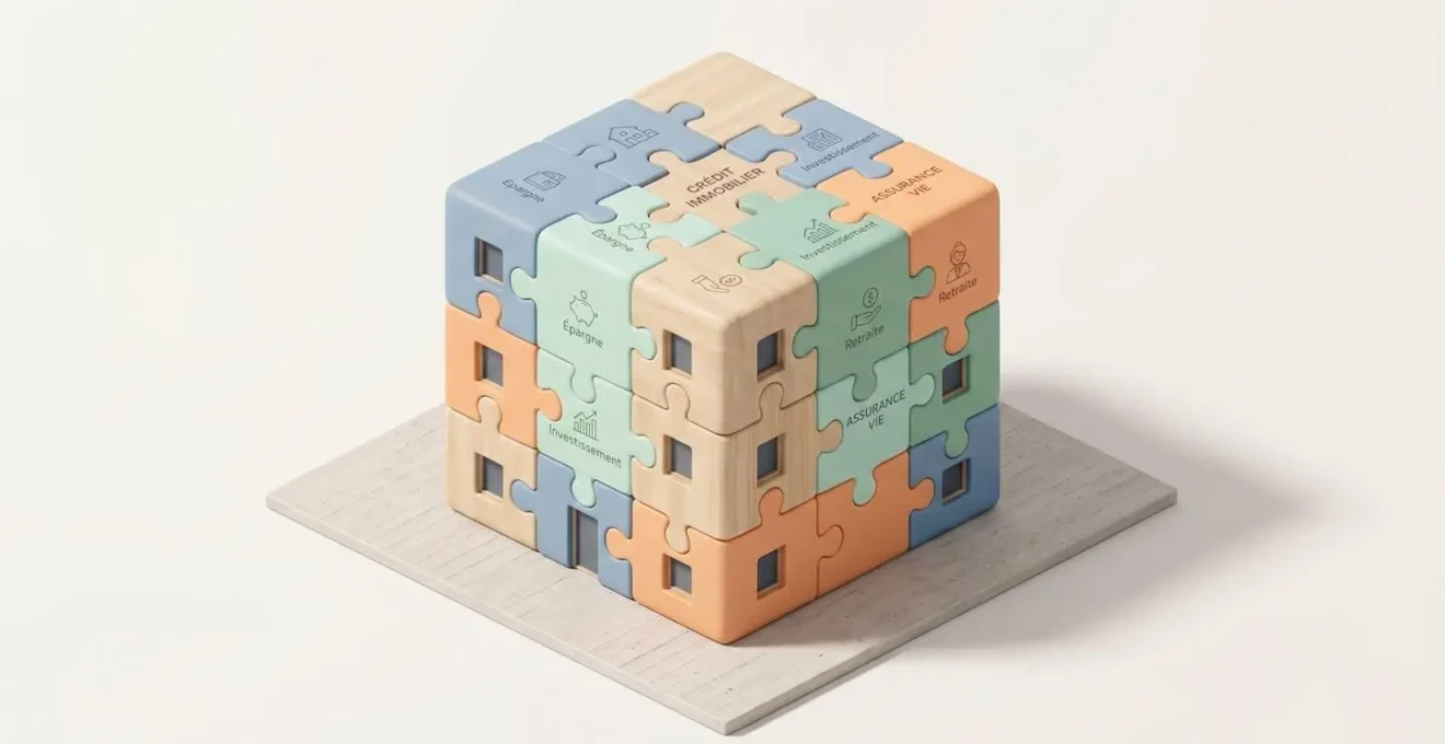Illustration 3D isométrique d'un immeuble résidentiel moderne assemblé avec des pièces de puzzle géantes de couleurs pastel emboîtées, symbolisant les dispositifs financiers cumulables pour l'achat immobilier en zone tendue