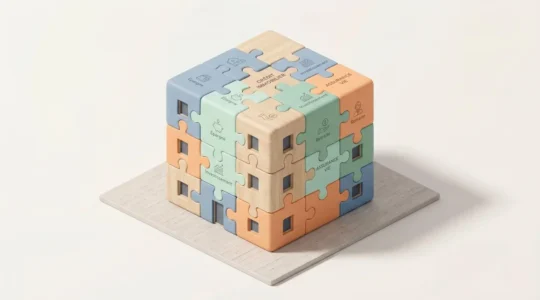 Illustration 3D isométrique d'un immeuble résidentiel moderne assemblé avec des pièces de puzzle géantes de couleurs pastel emboîtées, symbolisant les dispositifs financiers cumulables pour l'achat immobilier en zone tendue
