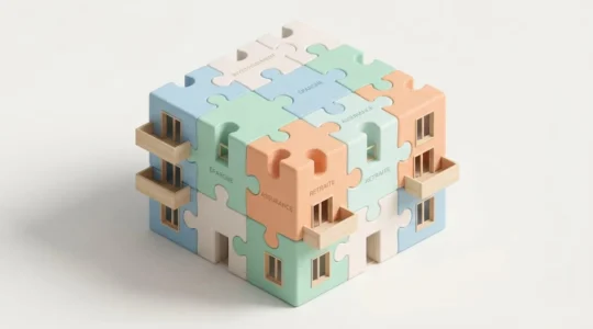 Illustration 3D isométrique d'un immeuble résidentiel moderne assemblé avec des pièces de puzzle géantes de couleurs pastel emboîtées, symbolisant les dispositifs financiers cumulables pour l'achat immobilier en zone tendue