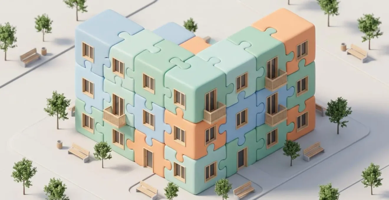 Illustration 3D isométrique d'un immeuble résidentiel moderne assemblé avec des pièces de puzzle géantes de couleurs pastel emboîtées, symbolisant les dispositifs financiers cumulables pour l'achat immobilier en zone tendue