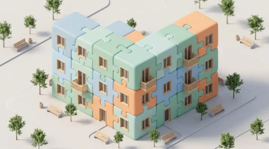 Illustration 3D isométrique d'un immeuble résidentiel moderne assemblé avec des pièces de puzzle géantes de couleurs pastel emboîtées, symbolisant les dispositifs financiers cumulables pour l'achat immobilier en zone tendue