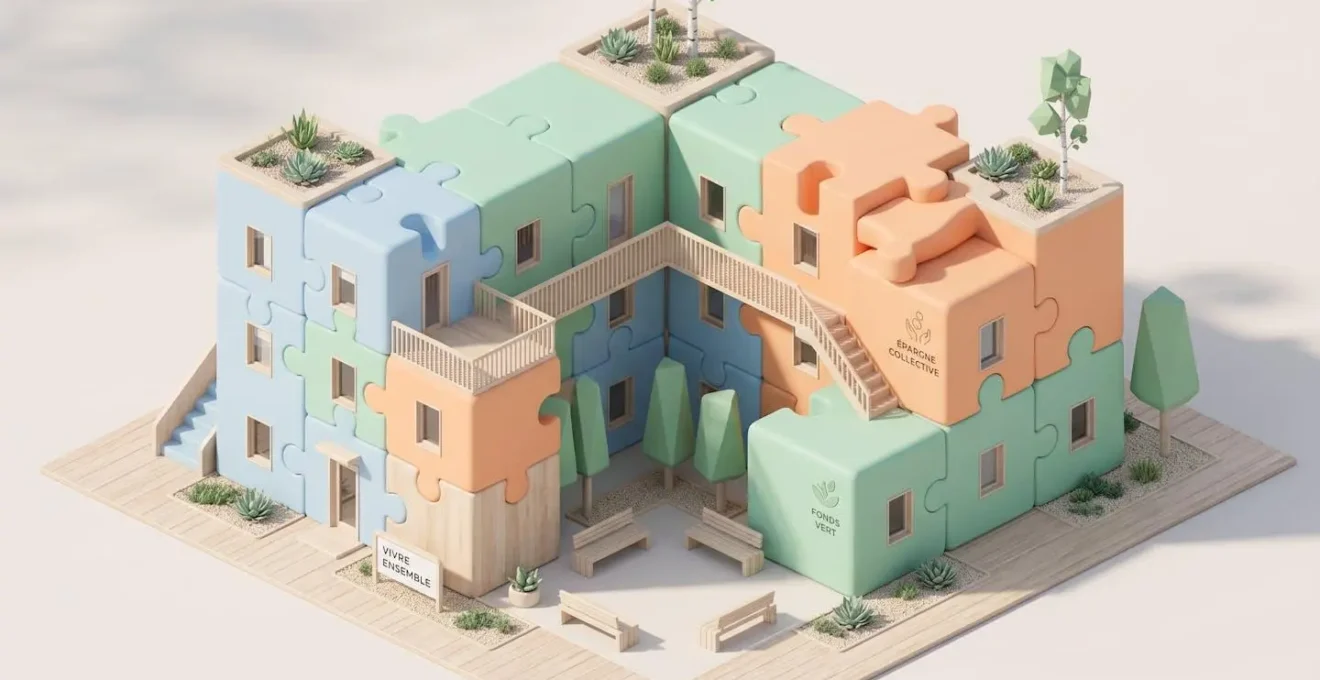 Illustration 3D isométrique d'un immeuble résidentiel moderne assemblé avec des pièces de puzzle géantes de couleurs pastel emboîtées, symbolisant les dispositifs financiers cumulables pour l'achat immobilier en zone tendue