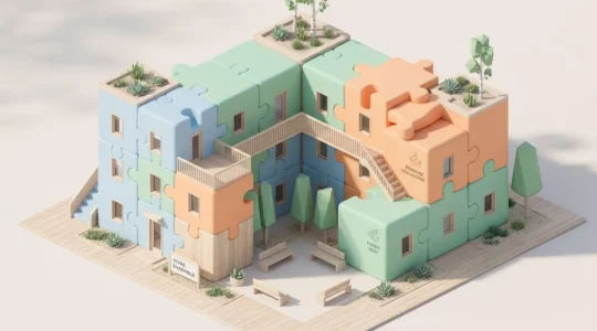 Illustration 3D isométrique d'un immeuble résidentiel moderne assemblé avec des pièces de puzzle géantes de couleurs pastel emboîtées, symbolisant les dispositifs financiers cumulables pour l'achat immobilier en zone tendue