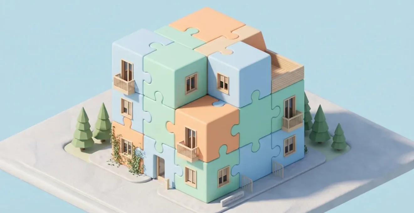 Illustration 3D isométrique d'un immeuble résidentiel moderne assemblé avec des pièces de puzzle géantes de couleurs pastel emboîtées, symbolisant les dispositifs financiers cumulables pour l'achat immobilier en zone tendue