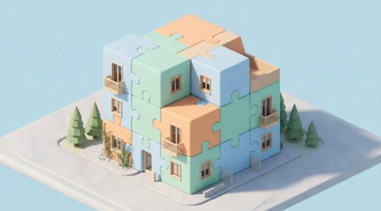Illustration 3D isométrique d'un immeuble résidentiel moderne assemblé avec des pièces de puzzle géantes de couleurs pastel emboîtées, symbolisant les dispositifs financiers cumulables pour l'achat immobilier en zone tendue