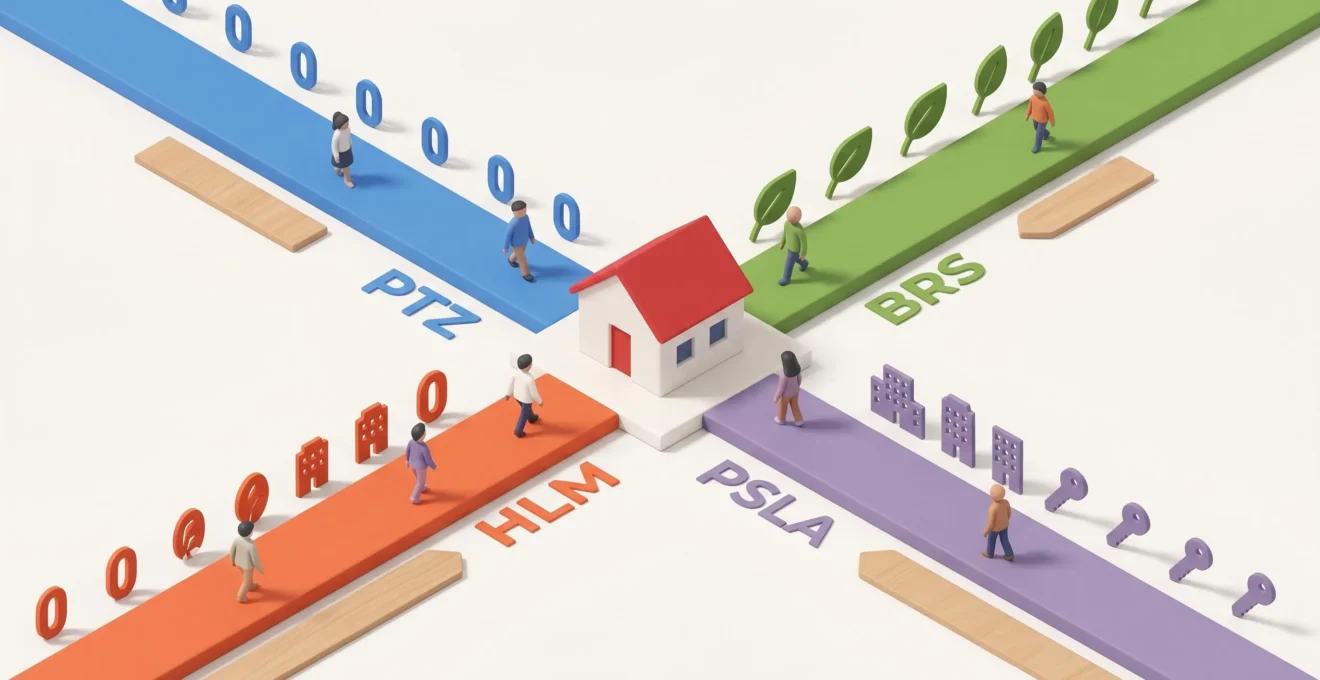 Illustration isométrique 3D montrant quatre chemins colorés (bleu, vert, orange, violet) convergent vers maison centrale, avec personnages stylisés et symboles distincts par chemin