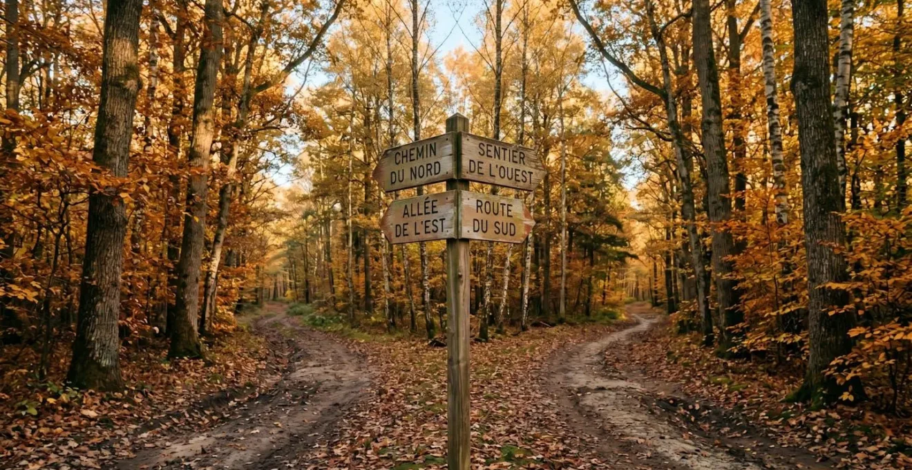 Photographie d'un carrefour forestier symétrique en automne avec quatre chemins et panneaux directionnels en bois indiquant différents profils d'emprunteurs en français