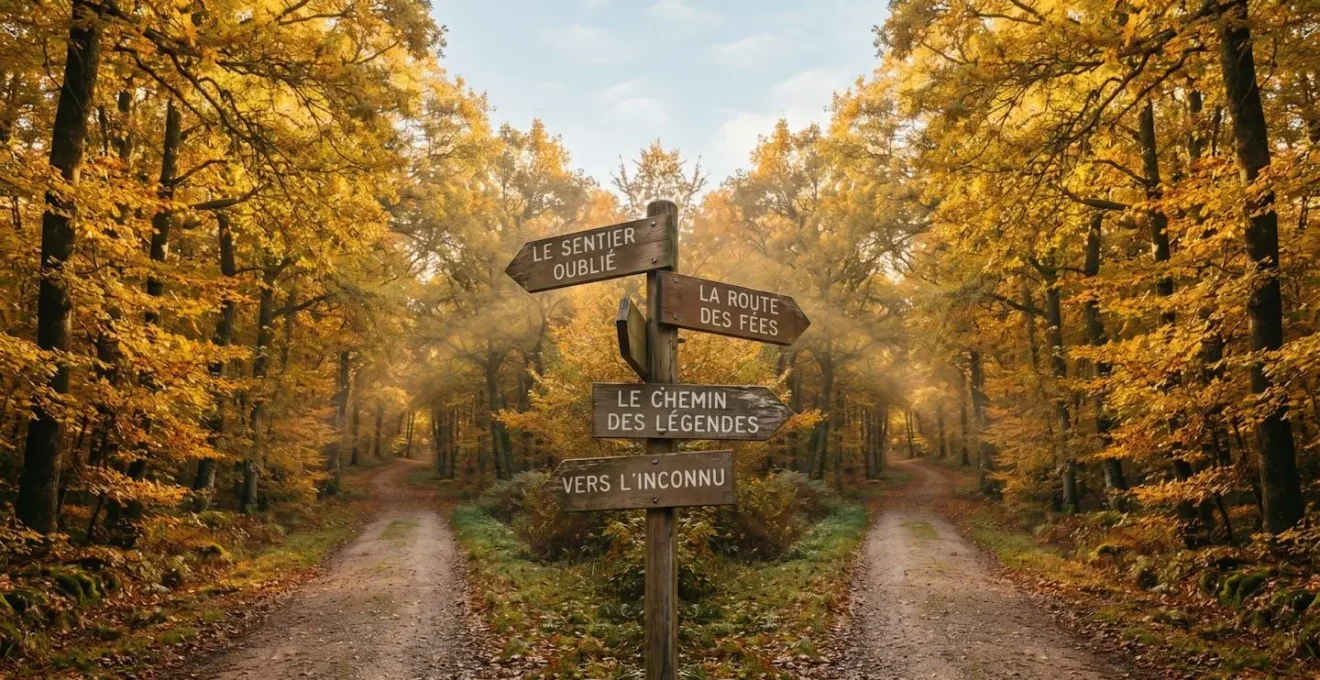 Photographie d'un carrefour forestier symétrique en automne avec quatre chemins et panneaux directionnels en bois indiquant différents profils d'emprunteurs en français