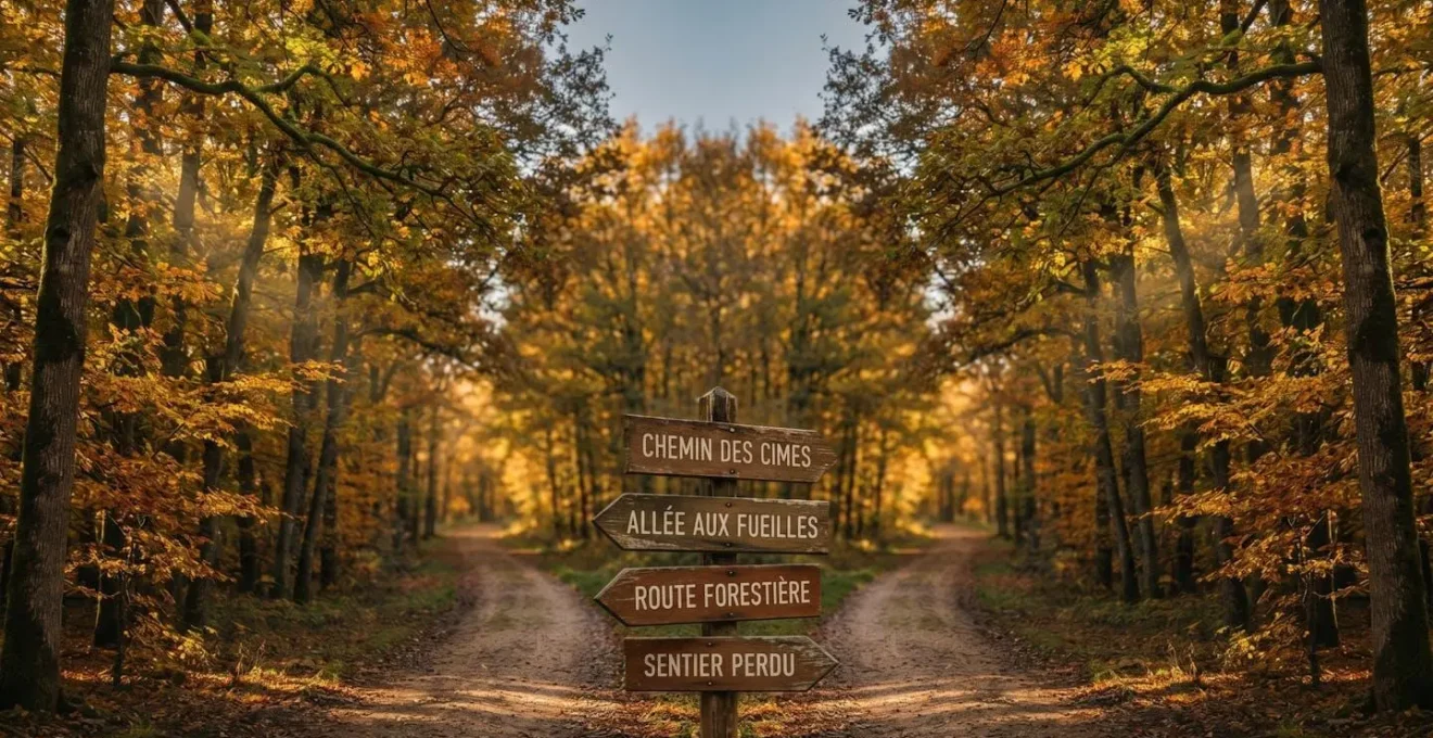 Photographie d'un carrefour forestier symétrique en automne avec quatre chemins et panneaux directionnels en bois indiquant différents profils d'emprunteurs en français