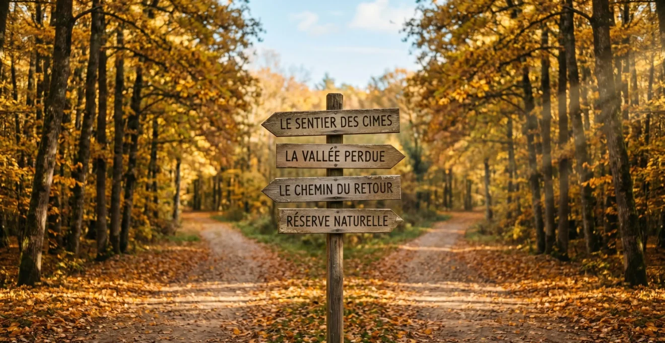 Photographie d'un carrefour forestier symétrique en automne avec quatre chemins et panneaux directionnels en bois indiquant différents profils d'emprunteurs en français
