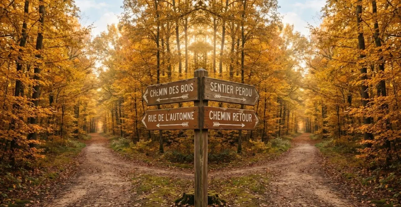 Photographie d'un carrefour forestier symétrique en automne avec quatre chemins et panneaux directionnels en bois indiquant différents profils d'emprunteurs en français