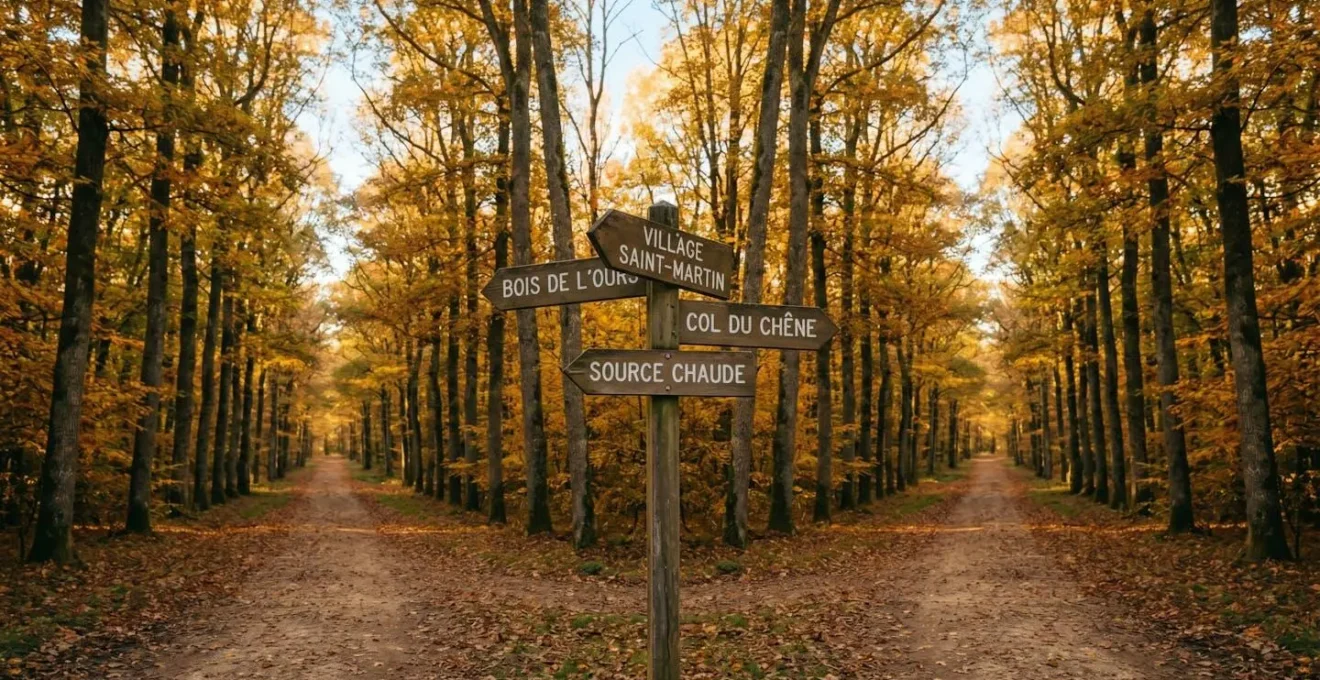 Photographie d'un carrefour forestier symétrique en automne avec quatre chemins et panneaux directionnels en bois indiquant différents profils d'emprunteurs en français