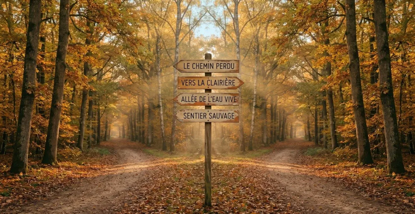 Photographie d'un carrefour forestier symétrique en automne avec quatre chemins et panneaux directionnels en bois indiquant différents profils d'emprunteurs en français