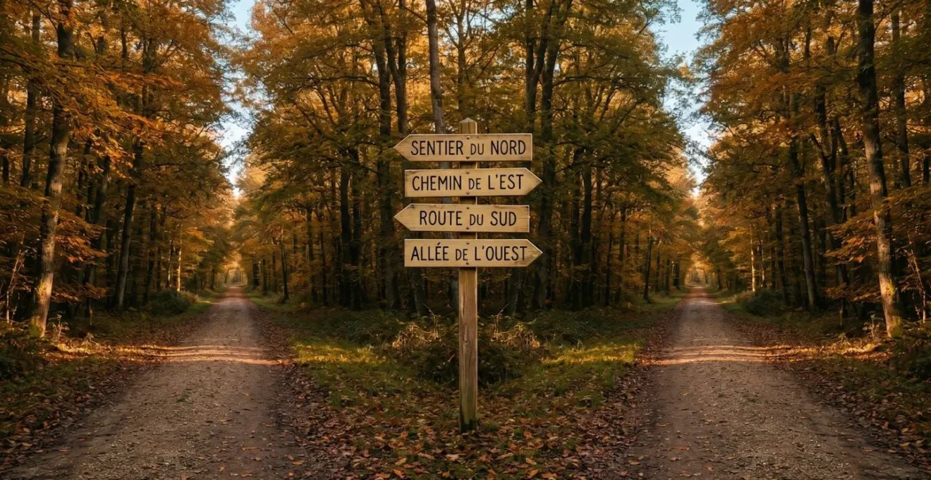 Photographie d'un carrefour forestier symétrique en automne avec quatre chemins et panneaux directionnels en bois indiquant différents profils d'emprunteurs en français