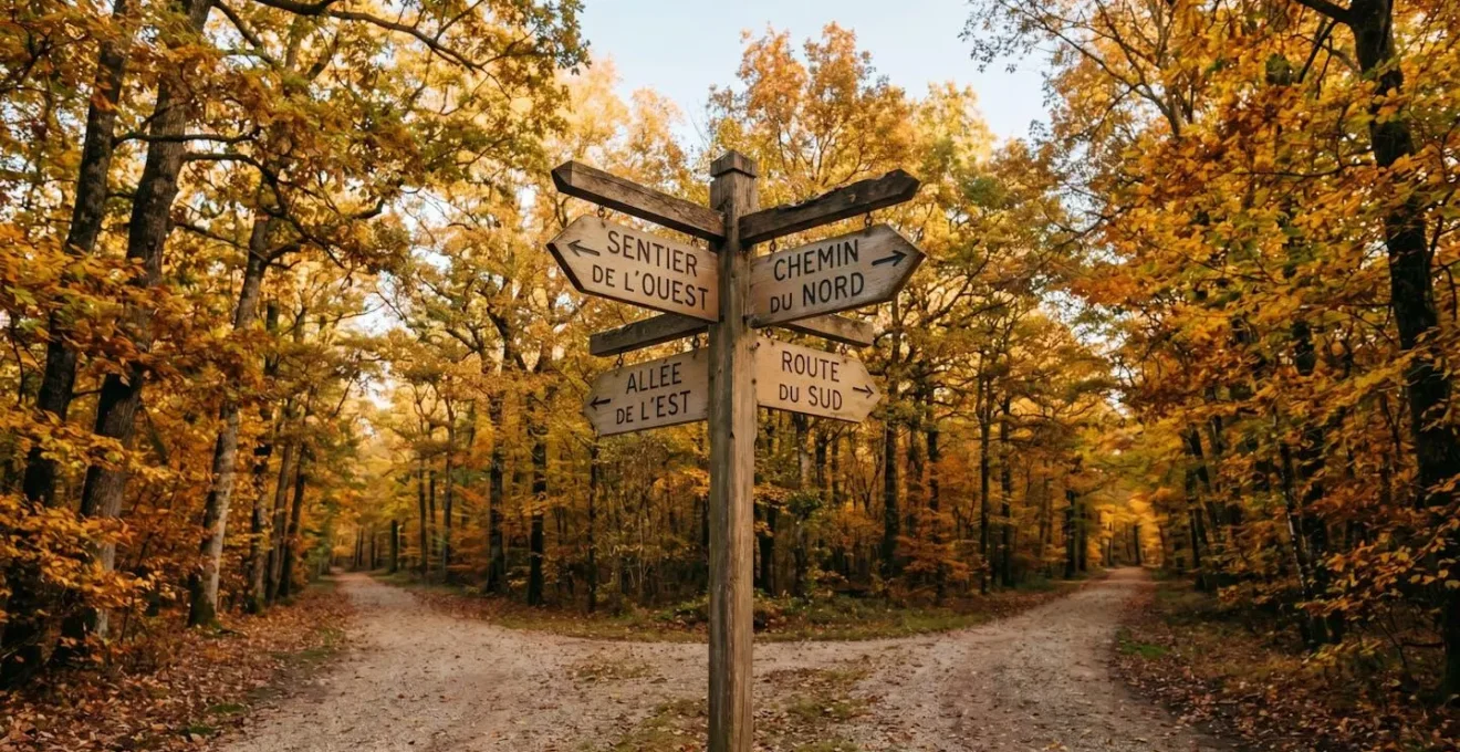 Photographie d'un carrefour forestier symétrique en automne avec quatre chemins et panneaux directionnels en bois indiquant différents profils d'emprunteurs en français