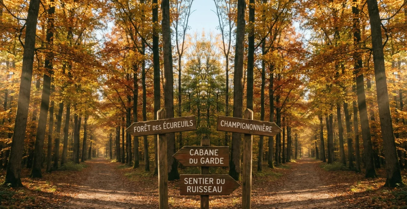 Photographie d'un carrefour forestier symétrique en automne avec quatre chemins et panneaux directionnels en bois indiquant différents profils d'emprunteurs en français