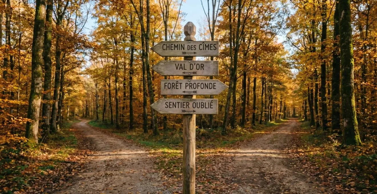 Photographie d'un carrefour forestier symétrique en automne avec quatre chemins et panneaux directionnels en bois indiquant différents profils d'emprunteurs en français