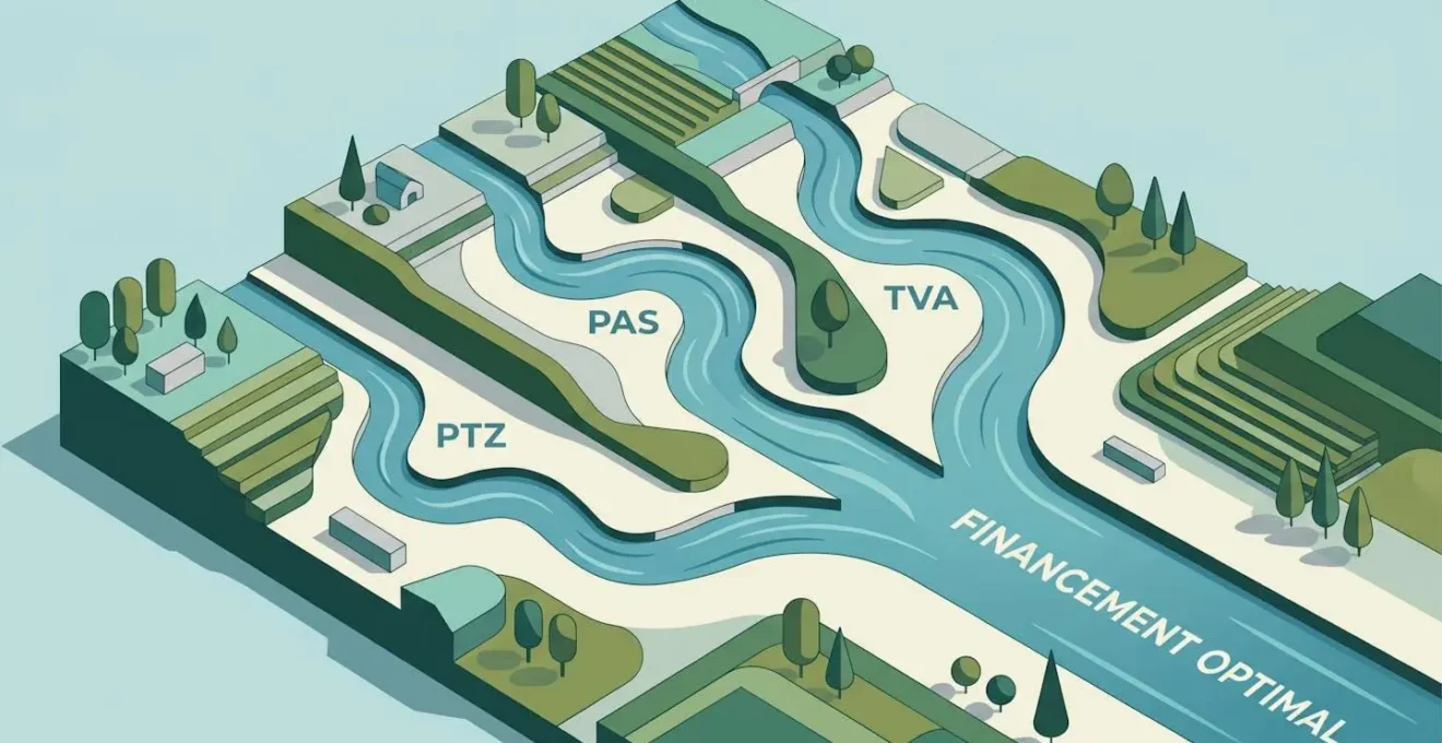 Illustration isométrique de trois rivières étiquetées PTZ, PAS et TVA confluant en un fleuve unique symbolisant le financement optimal par cumul d'aides.