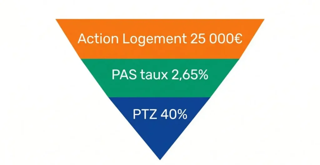 Diagramme en pyramide inversée à trois couches colorées montrant la superposition des dispositifs PTZ, PAS et Action Logement avec leurs montants respectifs en français Diagramme en pyramide inversée à trois couches colorées montrant la superposition des dispositifs PTZ, PAS et Action Logement avec leurs montants respectifs en français