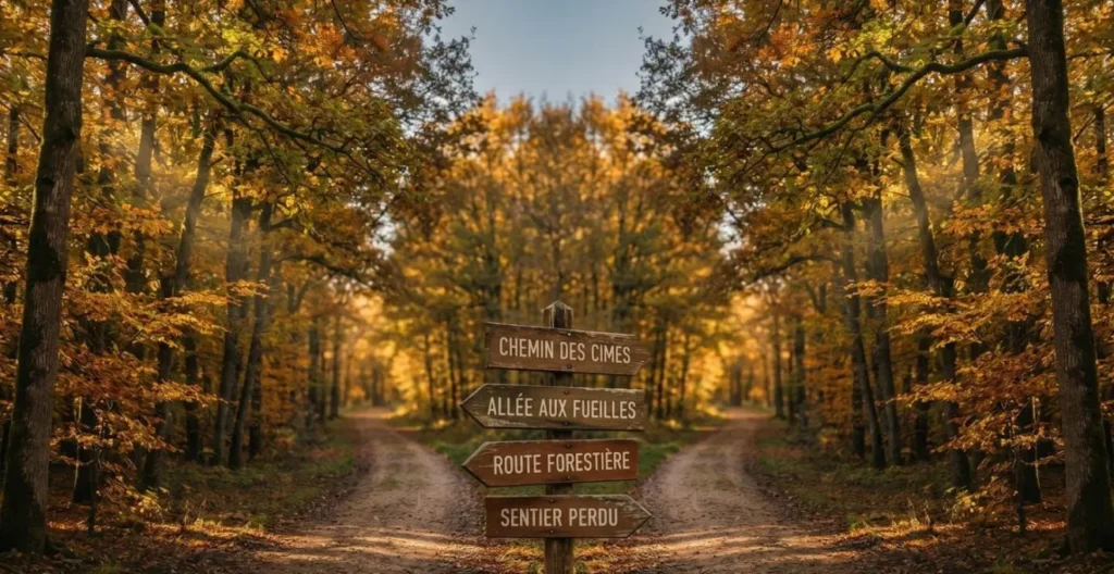 Photographie d'un carrefour forestier symétrique en automne avec quatre chemins et panneaux directionnels en bois indiquant différents profils d'emprunteurs en français Photographie d'un carrefour forestier symétrique en automne avec quatre chemins et panneaux directionnels en bois indiquant différents profils d'emprunteurs en français